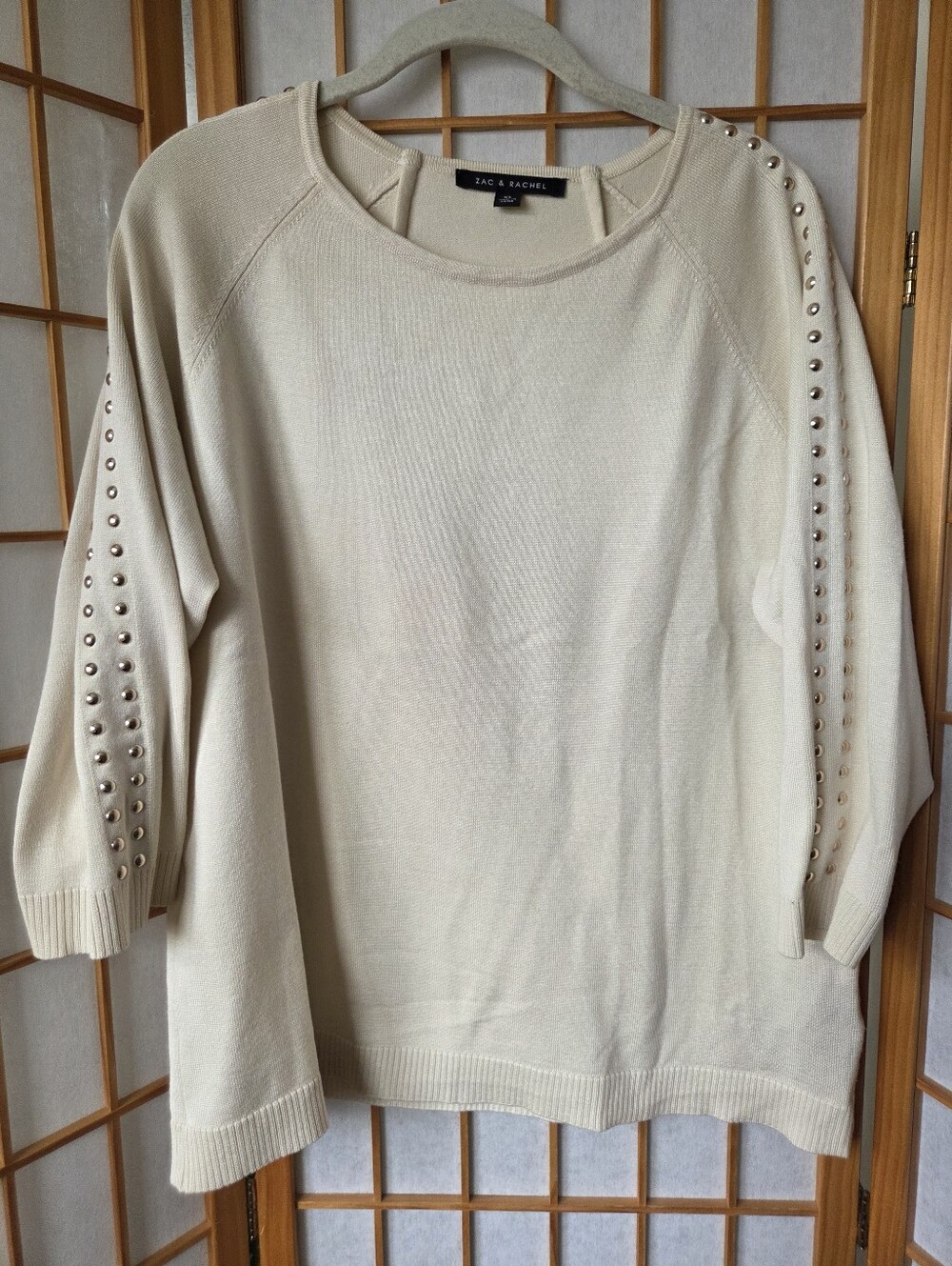 WOMENS ZAC & RACHEL IVORY STRETCH RAYON MIX KNIT STUDS SLEEVES SWEATER SIZE XL